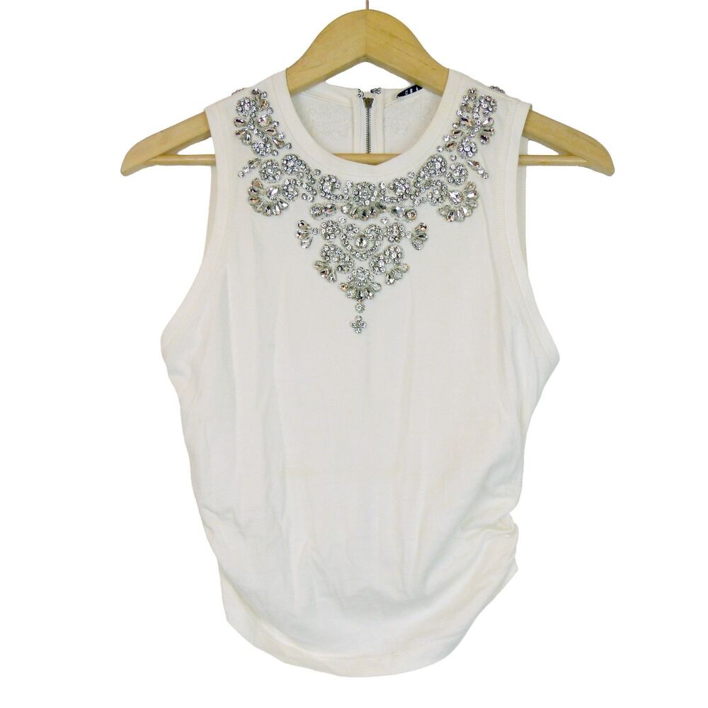 Alice + Olivia Kappa Embellished Tank Top Womens S Off White Rhinestone Ruched